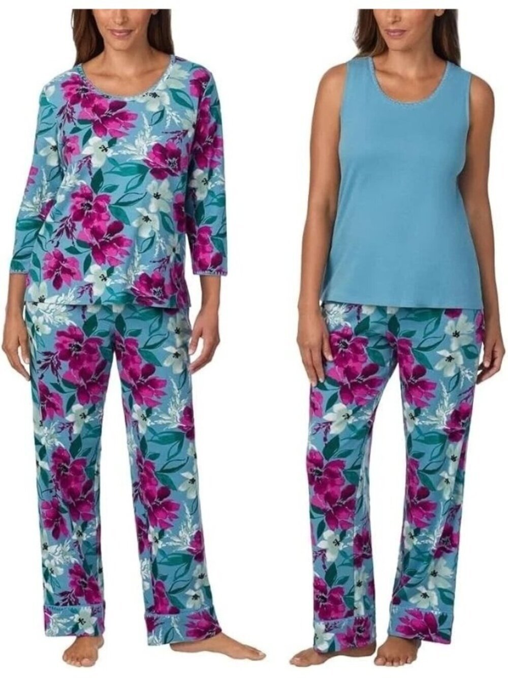 NWT Carole Hochman Women's S 3-Piece Floral Pajama Set Blue & Pink B1662